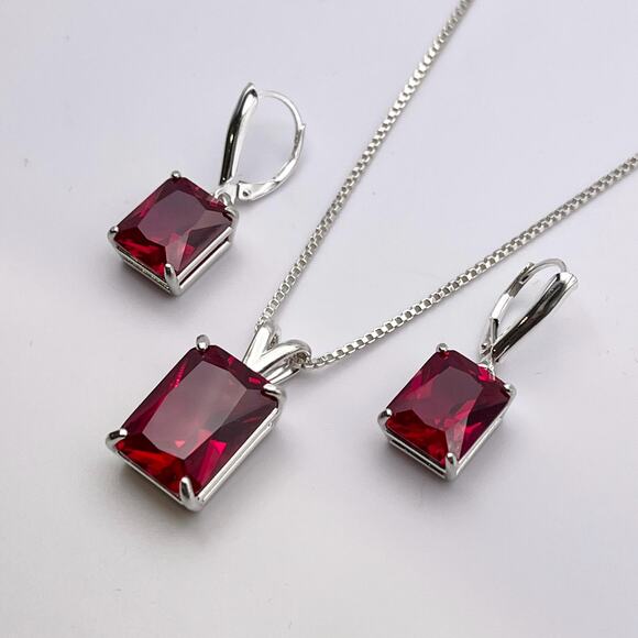 Gorgeous 27ctw Emerald Cut Ruby Necklace & Earrings Set in Sterling Silver - Picture 2 of 4